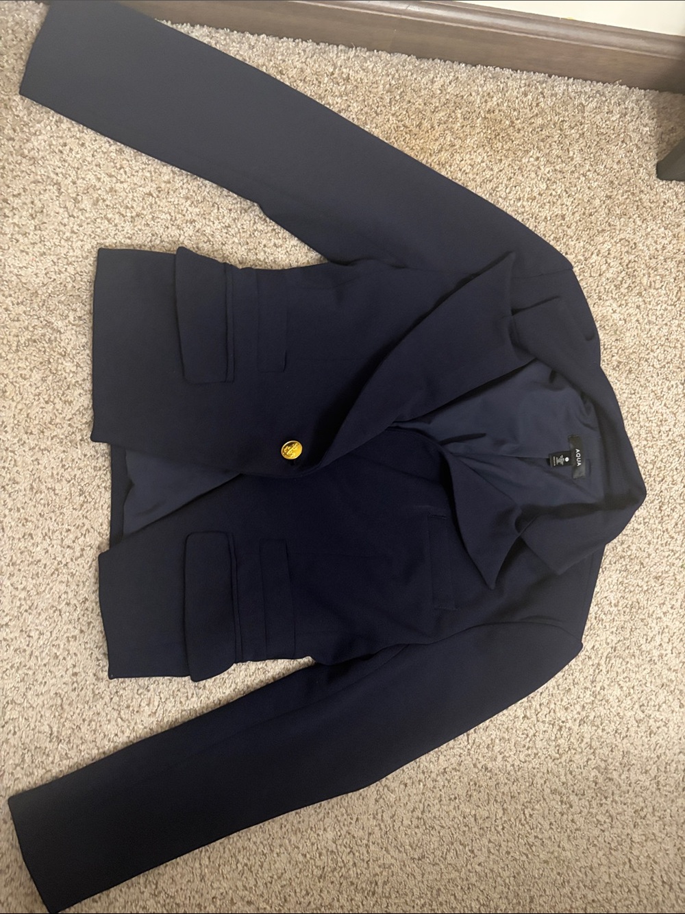 Aqua Navy Single-Button Tailored Blazer with Gold Accent